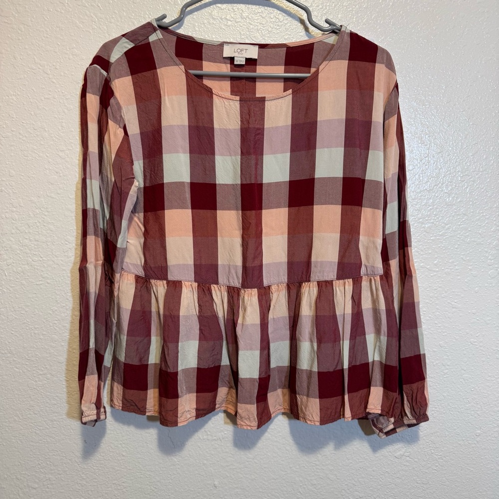 Loft Peplum Plaid Long Sleeve Blouse Size XS
